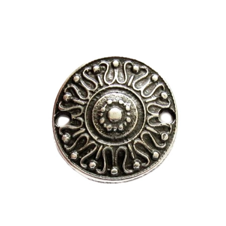 Коннектор, 33х32х3.5мм, Историческая коллекция, диск со стилизованным солнцем, базовый материал - цинковый сплав, посеребренный с чернением, 2 шт., УЦЕНКА