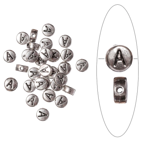 Бусина металлическая, 7х4мм, буква A, базовый материал - цинковый сплав, серебристая с чернением, 10 шт.