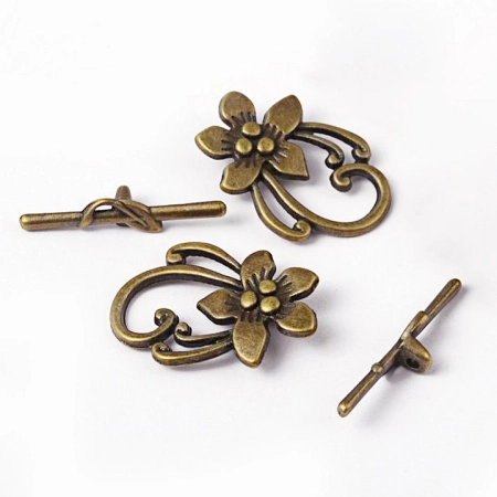 Застежка, 29х20мм, тогл, цветок, базовый материал - оловянный сплав, бронзового цвета, 5 шт.