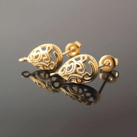 Пусеты, 13х7мм, Корея, Ажурная капля с петелькой, с застежками, базовый материал - серебро/латунь, матовые позолоченные, пара