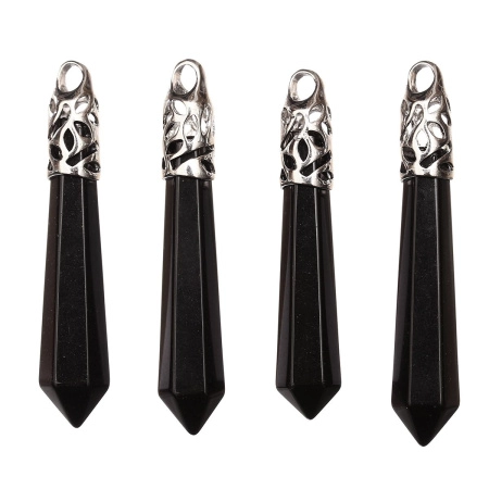 Подвеска каменная, 65х13мм, в форме кристалла, базовый материал - камень, агат черный с резным держателем стального цвета, 1 шт.
