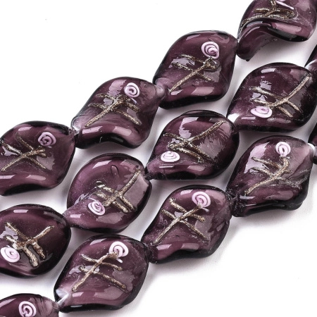 Бусина лэмпворк, 20х16мм, витая, аметистовая с розовой спиралью и медно-золотистыми полосками, 5 шт.