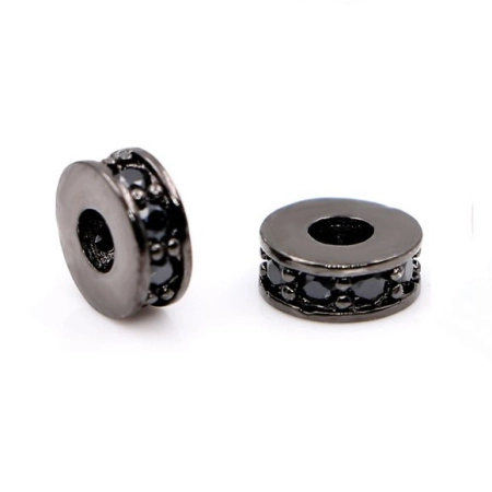 Бусина металлическая, 7х3мм, Milano, Рондель, с крупным отверстием, с черными фианитами, базовый материал - латунь, вороненая сталь, 1 шт.