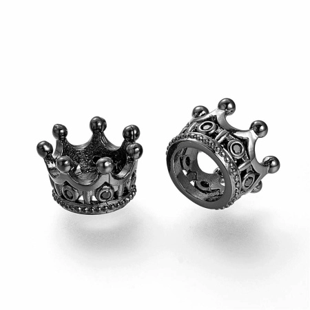 Бусина металлическая, 11х7мм, Корона, базовый материал - латунь, с чёрными стразами, вороненая сталь, 2 шт.