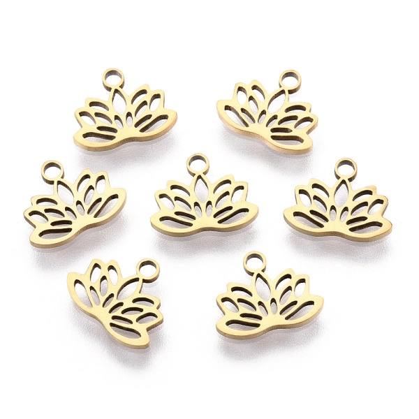 <p>Изящная миниатюрная двусторонняя подвеска - цветочек лотоса. Подвеска резная, можно использовать как коннектор. Подвеска (шарм) сделана из нержавеющей гипоаллергенной стали (марка 304: используется в пищевой и медицинской промышленности), сверху покрытие золотистого цвета. Оттенок может отличаться от фотографии и в разных поставках. Цена за 2 шт.</p>