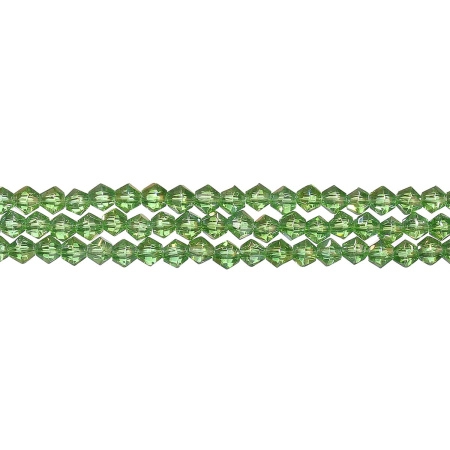 Бусины стеклянные, 4-5мм, граненые, биконусы, зеленые с радужным покрытием, 78 шт., низка Бусины стеклянные, 4-5мм, граненые, биконусы, зеленые с радужным покрытием, 78 шт., низка