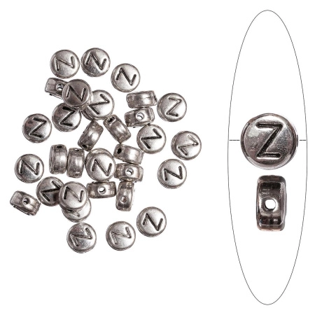 Бусина металлическая, 7х4мм, буква Z, базовый материал - цинковый сплав, серебристая с чернением, 10 шт.