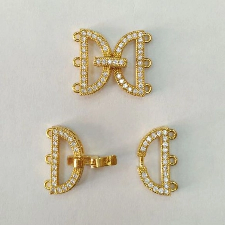 Застежка, 19х16мм, Milano, защелкивающаяся D-образная, на три нити, с фианитами, базовый материал - латунь, под золото, 1 шт.