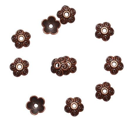 Шапочка для бусин (обниматель), 10х3.5мм, цветок с завитками на лепестках, тонкий, базовый материал - цинковый сплав, медный с чернением, 5 грамм