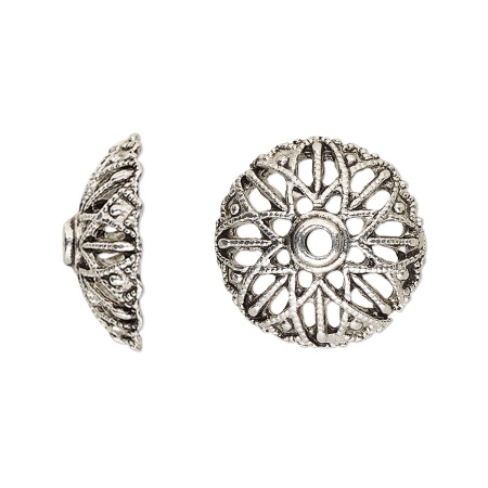 Шапочка для бусин (обниматель), 19.5х7мм, резной купол, базовый материал - цинковый сплав, серебристый с чернением, 2 шт.