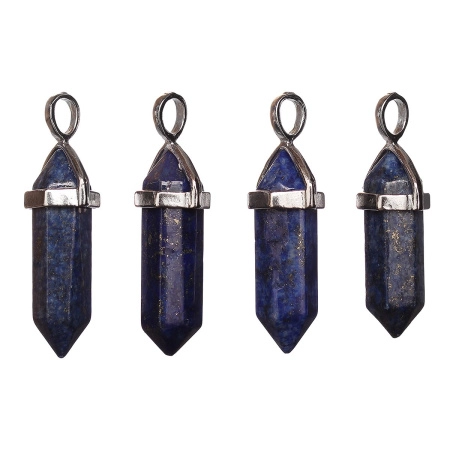 Подвеска каменная, 40х13х11мм, в форме кристалла, базовый материал - камень, лазурит с держателем стального цвета, 1 шт., УЦЕНКА