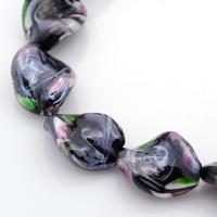 Бусина лэмпворк, 20х16мм, витая, черная с бело-розово-зелеными пятнышками, 2 шт.