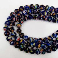 Бусины миллефиори, 8мм, сине-черные с разноцветными цветами, 45 шт., низка