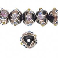 Бусина лэмпворк, 11х9мм, с золотистым узором, фиолетовая, 2 шт.