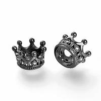 Бусина металлическая, 11х7мм, Корона, базовый материал - латунь, с кристально-прозрачными стразами, вороненая сталь, 2 шт.