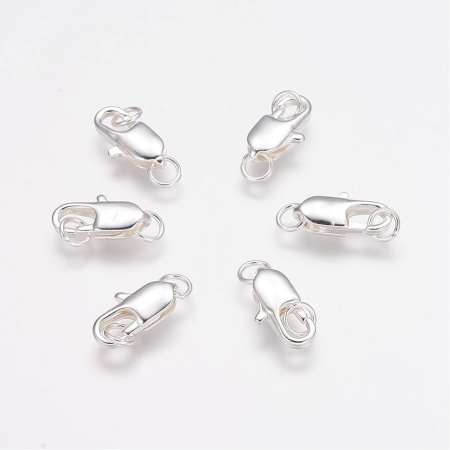 Застежка, 14х7мм, карабин продолговатый с соединительными колечками, базовый материал - латунь, серебристого цвета, 1 шт., УЦЕНКА