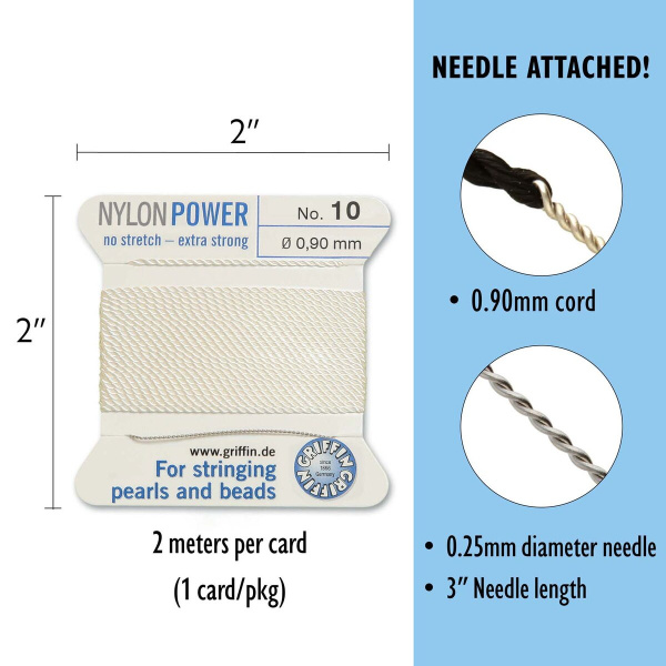<p>
Толстая и прочная нить Nylon Power из высококачественного нейлона, очень крепкая, не растягивается. Произведена компанией Griffin (Германия). К нити прикреплена проволочная иголочка. Идеально подходит для использования с жемчугом и натуральными камнями. Толщина около 0,9 мм. Оттенок может отличаться от фотографии и в разных поставках. Намотка может состоять из нескольких частей. Цена за моток 2 метра.
</p>