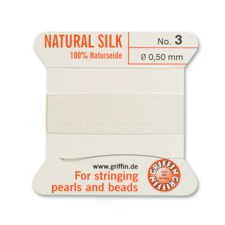 Нить шелковая, Griffin No.3 (0.5мм), молочно-белая, с иглой, моток, 2 метра