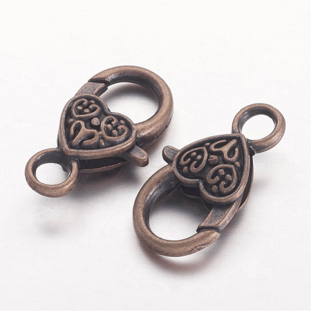 Застежка, 26х14мм, карабин, сердечко с узором, базовый материал - цинковый сплав, медное с чернением, 2 шт.