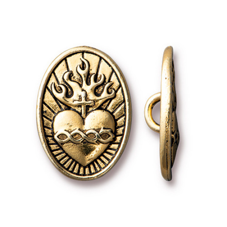 Пуговица, 19х13.5х5мм, TierraCast, на ножке, Святейшее Сердце, базовый материал - оловянный сплав, позолоченная с чернением, 1 шт.