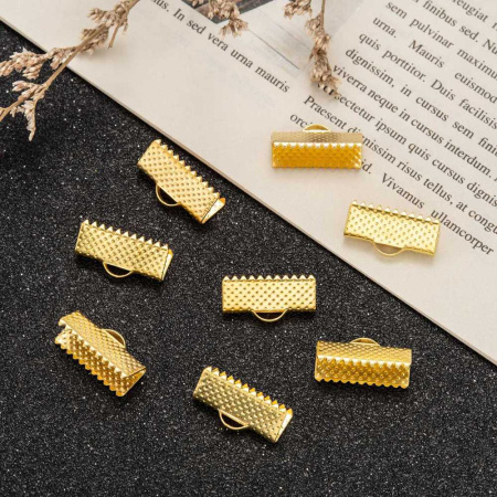 <p>Бюджетные концевики - зажимы для лент, цена за 10 грамм (около 8 пар, фасуются без проверки на дефекты). Оттенок может отличаться от фотографии. На покрытии возможны тёмные пятнышки, царапинки. Хорошо подходит для:
<ul>
<li>ленты</li>
<li>плоского кожаного шнура</li>
</ul></p>