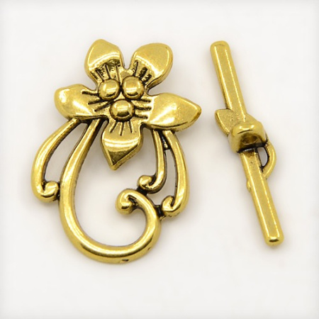 Застежка, 29х20мм, тогл, цветок, базовый материал - оловянный сплав, золотистого цвета с чернением, 5 шт.