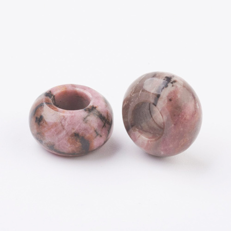 Бусина каменная, родонит, 14х8мм, рондель, с большим отверстием, 2 шт.