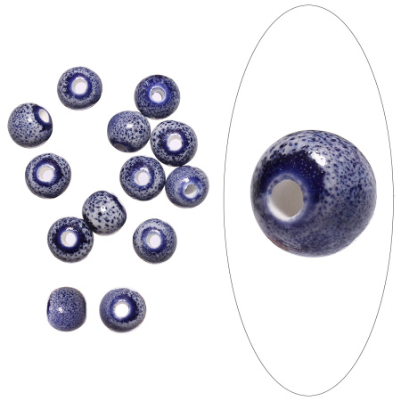 Бусина керамическая, 8мм, круглая, белая с синими крапинками, 1 шт.