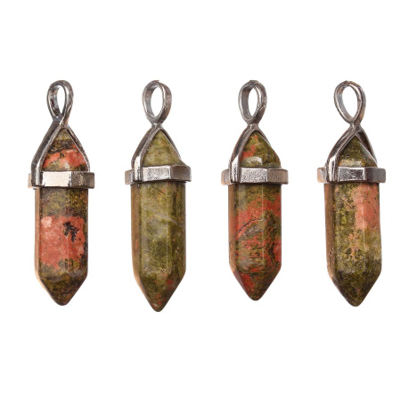 Подвеска каменная, 40х13х11мм, в форме кристалла, базовый материал - камень, унакит с держателем стального цвета, 1 шт., УЦЕНКА