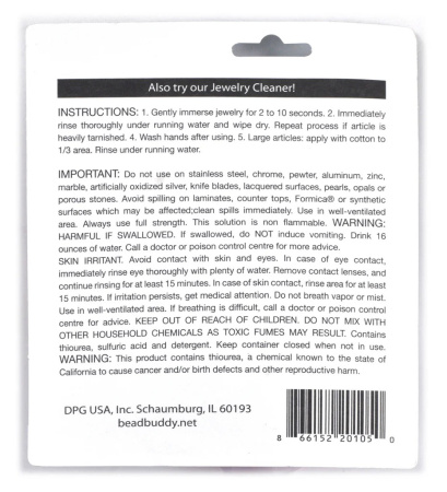 <p>Жидкость Instant Tarnish Remover для моментальной очистки от потемнения изделий из серебра, золота, меди, латуни. Также подходит для посеребренных/позолоченных вещей, но воздействие должно быть очень краткосрочным, чтобы покрытие не разъелось. Цвет жидкости в разных партиях может варьироваться от почти прозрачного до ярко-розового. 
Инструкция в полном описании. Цена за 1 баночку 118 мл.</p><p>УЦЕНКА: во время транспортировки жидкость немного просочилась, видны высохшие следы подтеков на упаковке и под крышкой; визуально жидкости в баночке столько, сколько и должно быть.</p>