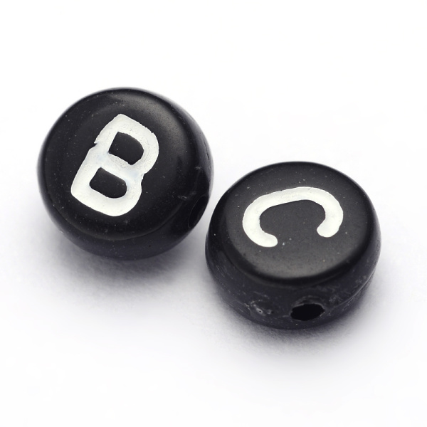 <p>
Бюджетные бусины-буквы из акрила черного цвета. Круглые бусины-подушечки 7*4 мм, диаметр отверстия - около 1 мм. Цена за набор из 10 грамм (около 75 случайных букв английского алфавита).
</p>