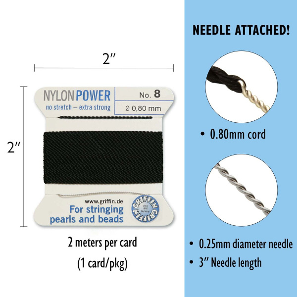 <p>
Толстая и прочная нить Nylon Power из высококачественного нейлона, очень крепкая, не растягивается. Произведена компанией Griffin (Германия). К нити прикреплена проволочная иголочка. Идеально подходит для использования с жемчугом и натуральными камнями. Толщина около 0,8 мм. Оттенок может отличаться от фотографии и в разных поставках. Намотка может состоять из нескольких частей. Цена за моток 2 метра.
</p>