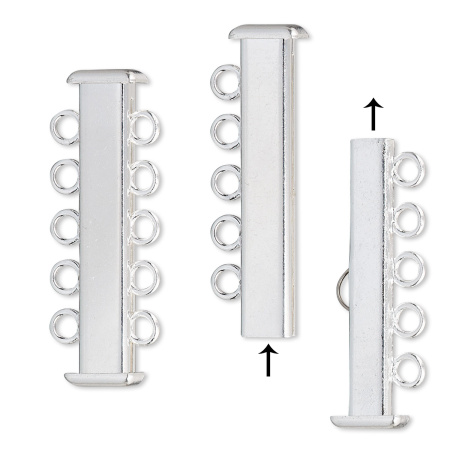 Застежка, 31х11мм, прямоугольная трубочка-слайдер на пять нитей, базовый материал - латунь, посеребренная, 1 шт.