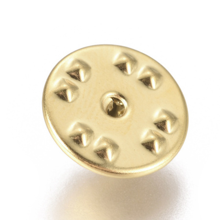 <p>Застежка с цанговым зажимом "бабочка" для броши или значка. Довольно тугая. Диаметр 11.5 мм, высота 6 мм. Работает с штырьками ⌀1.2-1.3мм. Основа входит в застежку примерно на 4-5 мм. Базовый материал - нержавеющая сталь марки 304, сверху покрытие золотистого цвета. Оттенок может отличаться от фотографии и в разных поставках. Основы продаются отдельно. Цена за 5 шт.</p>