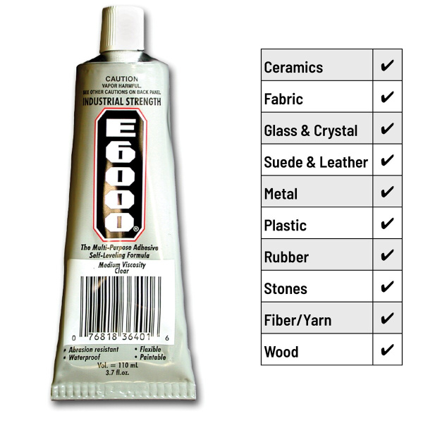 <p>
Универсальный прозрачный клей Е6000. Клей оригинальный, произведен в США. Подходит для ткани, металла, дерева, стекла, керамики и других материалов в любом сочетании. Клей довольно густой, удобен в работе при создании бижутерии. Дизайн упаковки может немного отличаться от фотографии и от партии к партии. Тюбик может быть помят. Цена за 1 тюбик 109.4 мл (3.7 fl. oz.).
</p>