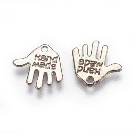 <p>Двусторонняя металлическая подвеска ладошка hand made (ручная работа) под античное серебро. На фотографии показана лицевая и тыльная стороны. Оттенок может отличаться от фотографии и в разных поставках. Цена за 50 шт.</p>