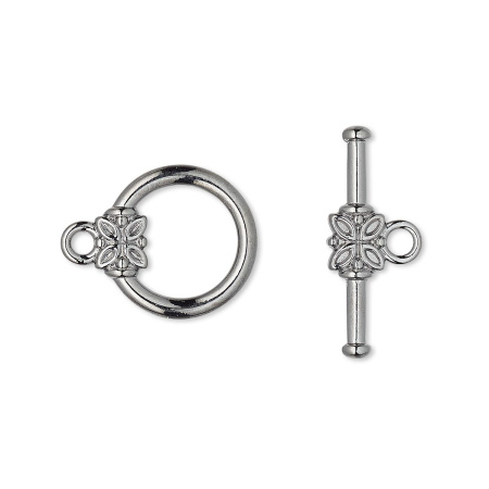 Застежка, 16х14мм, тогл, с растительным орнаментом, базовый материал - цинковый сплав, вороненая сталь, 1 шт.