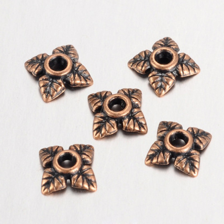 Шапочка для бусин (обниматель), 5.5х1.7мм, листики, базовый материал - цинковый сплав, медные с чернением, 5 грамм