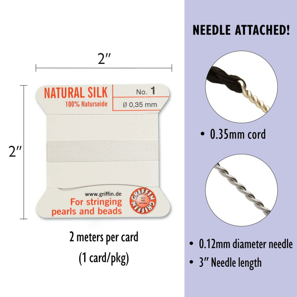 <p>Тонкая, но прочная нить из высококачественного натурального 100% шелка, произведена компанией Griffin (Германия). К нити прикреплена проволочная иголочка. Идеально подходит для использования с жемчугом и натуральными камнями. Толщина около 0,35 мм. Оттенок может отличаться от фотографии и в разных поставках. Цена за моток 2 метра.</p>