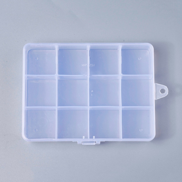 <p>Прямоугольный контейнер (пенал) для хранения фурнитуры из качественного прозрачного пластика с двумя защёлками. У органайзера имеется 12 ячеек с внутренним размером примерно 3*3 см. На торцевой части контейнера имеется петелька для подвешивания. На коробочке возможны небольшие царапинки, пятнышки. Цена за 1 шт.</p>