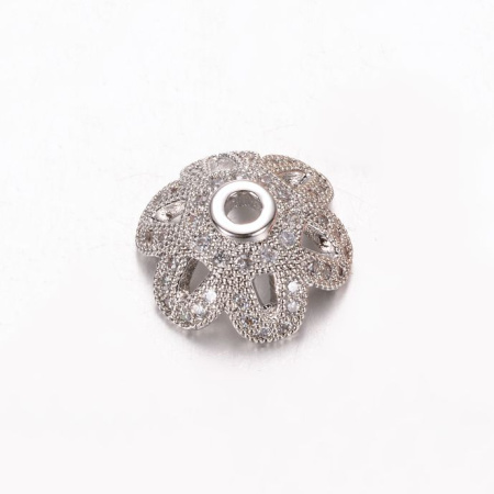 Шапочка для бусин (обниматель), 12х5мм, Milano, Цветочек с фианитами, базовый материал - латунь, под родий, 1 шт.