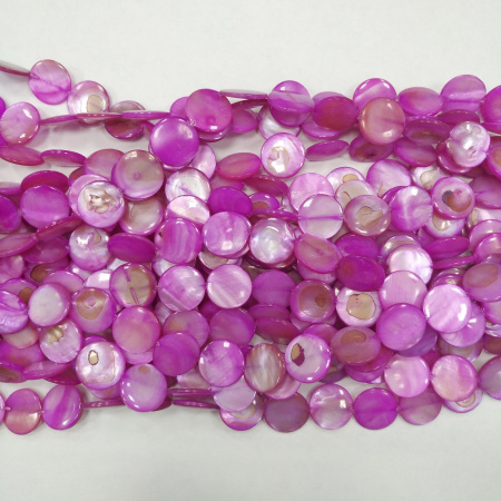 Бусина перламутр, 14х3мм, плоский круг, ярко-розовый, 26 шт., низка