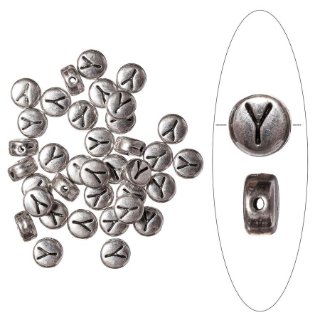 Бусина металлическая, 7х4мм, буква Y, базовый материал - цинковый сплав, серебристая с чернением, 10 шт.