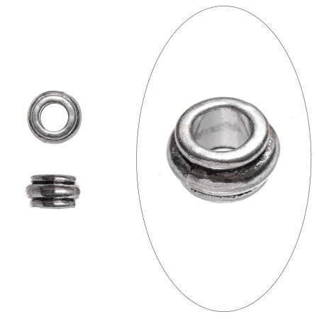 <p>Металлическая евро-бусина гладкая рондель с двумя бороздками. Подходит для браслетов в стиле Пандора (Pandora). Диаметр отверстия - 6 мм. Изготовлена из бижутерного сплава с серебристым покрытием (стиль тибетское серебро). Оттенок может отличаться от фотографии и в разных поставках. Цена за 10 шт.</p>