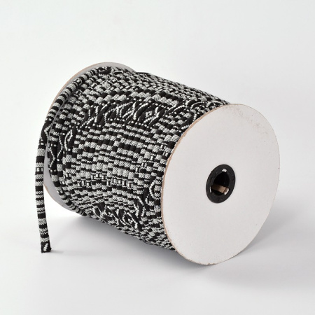 Шнур текстильный с сердечником, сшитый, около 6мм, Этника, черный с белым узором, 1 метр