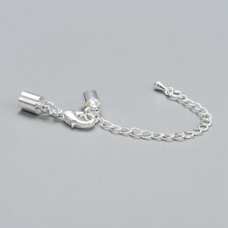 Застежка-карабин 12х7мм с удлиняющей цепочкой и клеевыми концевиками 9х5мм (внутренний размер 4-4.5мм), базовый материал - латунь, под серебро