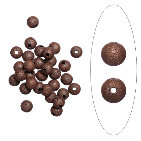 <p>
Латунная бусина с медным покрытием с чернением, выполнена в стиле "соляной техники". Оттенок может отличаться от фотографии. Диаметр отверстия около 1 мм. Цена за упаковку 5 грамм (около 26 бусин, фасуются без проверки на дефекты).
</p>