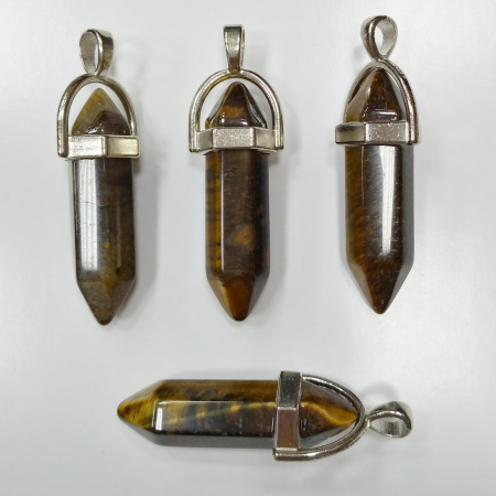 Подвеска каменная, 40х13х11мм, в форме кристалла, базовый материал - камень, тигровый глаз с держателем стального цвета, 1 шт.