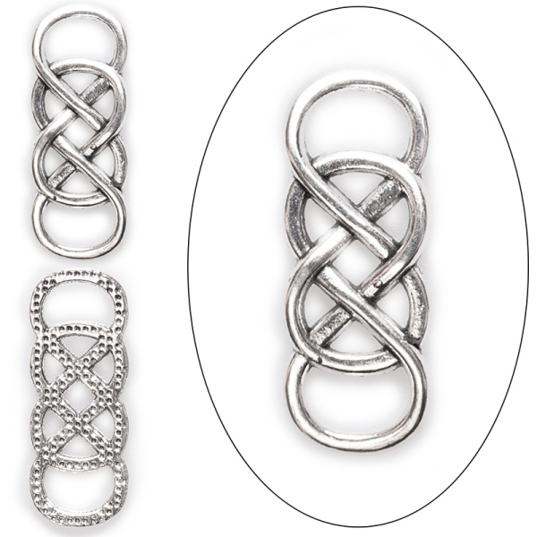 <p>Коннектор (соединительный элемент) - двойная бесконечность. Можно также носить как кулон или подвеску. Коннектор односторонний, слегка выгнутый: отлично подойдет для создания браслета. Стиль "тибетское серебро". Цена за 1 шт.</p>