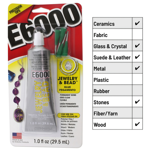 <p>
 Клей Е6000 Jewelry & Bead создан специально для ювелирных украшений и бижутерии. Клей оригинальный, произведен в США. Клей довольно густой, прозрачный. В комплекте, в зависимости от поставки, либо 4 насадки с тонкими носиками для более удобной работы, либо 3 насадки с тонкими носиками и 1 заглушка. Цвет насадок может отличаться от фотографии. Произведен в США. Цена за 1 тюбик 29.5 мл (1 fl. oz.).
</p><p>ВНИМАНИЕ: в разных поставках дизайн тюбика и насадок может быть разным (состав клея не отличается, разница только в упаковке).</p>